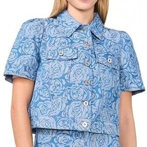 CeCe Floral Denim Cropped Jacket Short Sleeve Button Front Womens Size 10